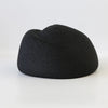 A black woven straw pillbox sun hat with a wide brim shown against a white background.
