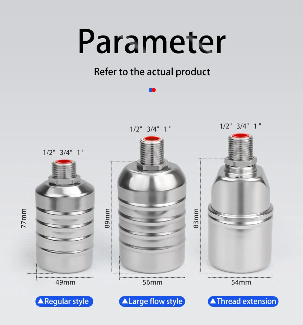 Trois vannes automatiques de régulation de niveau d'eau en acier inoxydable avec dimensions et étiquettes de style.