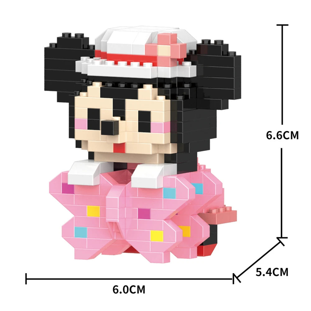 A micro building block figurine of a black cat wearing a pink hat and pink clothing.