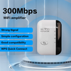 Valkoinen Wi-Fi-toistin lähikuvassa sinistä taustaa vasten, jossa teksti korostaa ominaisuuksia kuten 300Mbps.