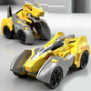 A yellow and gray 2-in-1 transforming dinosaur car toy for kids shown in a side view.