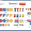 A display of various tools including a screwdriver, wrench, screw, nail, card, and various nuts and bolts for a pretend play 