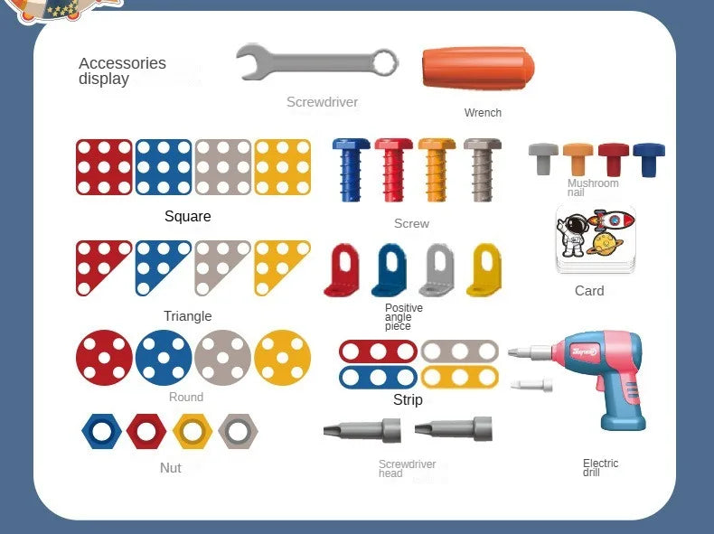 A display of various tools including a screwdriver, wrench, screw, nail, card, and various nuts and bolts for a pretend play 