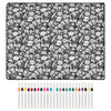 A pattern of various doodles and icons on a black background, with a row of 24 washable markers below.