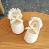 A pair of white baby first walker shoes with lace trim and a yellow ribbon tied on the toe.