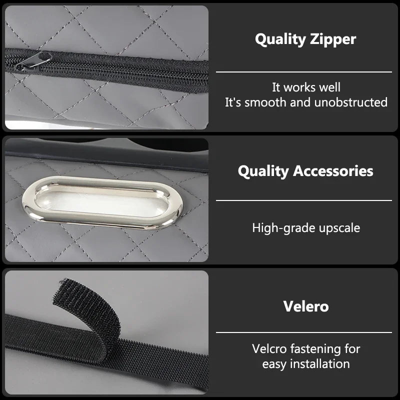 Close-up views of a car center console organizer showing a quality zipper, high-grade accessories, and Velcro fastening for e
