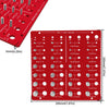 A red plastic gauge showing various bolt and nut thread sizes for identification.