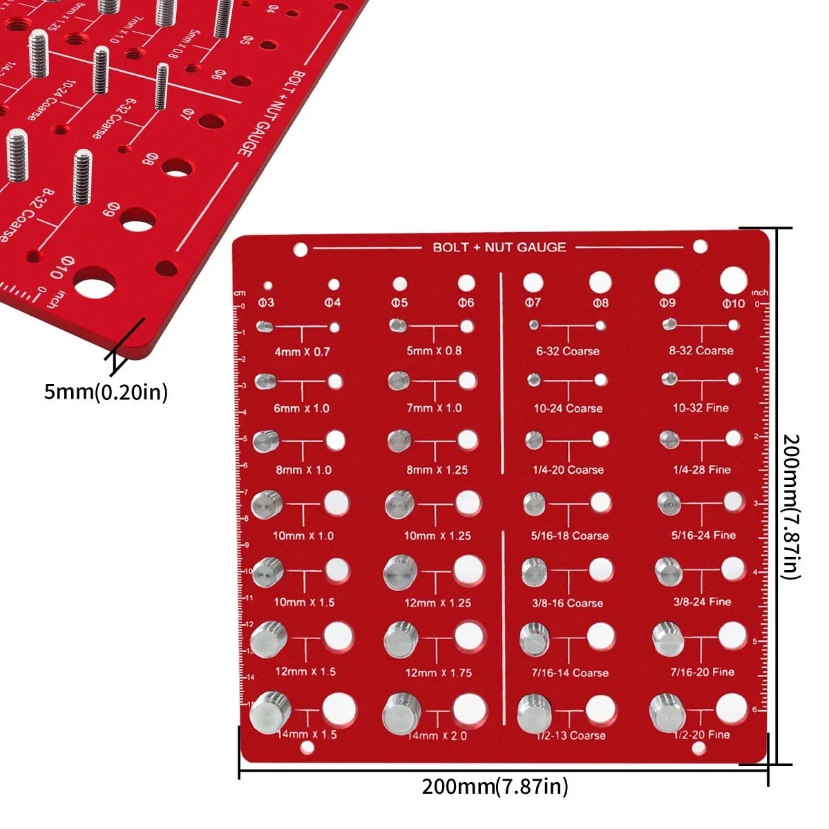 A red plastic gauge showing various bolt and nut thread sizes for identification.