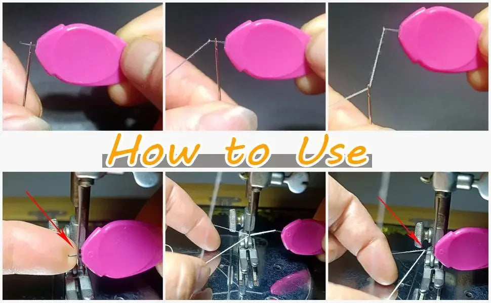 Demonstration of how to use a needle threader set for sewing and embroidery, showing the process of threading a needle.