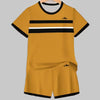A yellow casual colorblock short sleeve tee and matching shorts set displayed on a hanger.