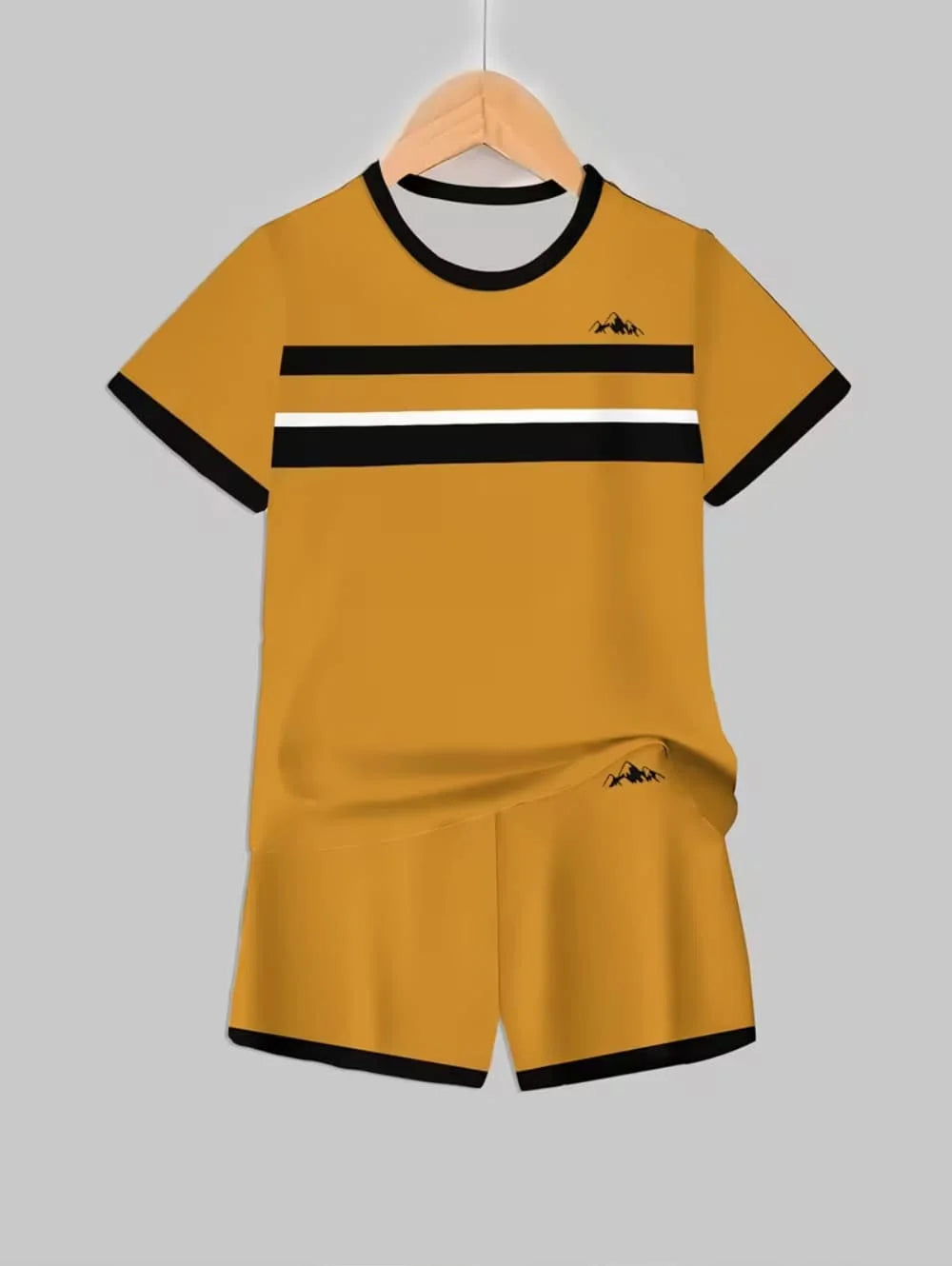 A yellow casual colorblock short sleeve tee and matching shorts set displayed on a hanger.