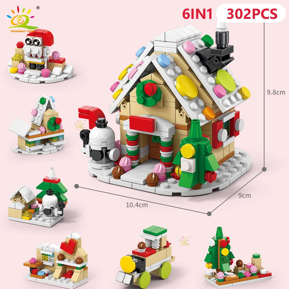 A set of 302 pieces of building blocks featuring a Christmas house, Santa, and deer figures.