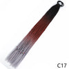 A long, pre-braided hair extension featuring a gradient color transition from dark brown to gray, attached with an elastic ba