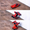 Three steps showing the automatic deformation of a red toy car into a robot car toy