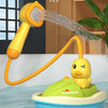 A yellow duck water spray bath toy is shown spraying water onto a green motorboat in blue water.
