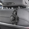 Gancho negro multipropósito para reposacabezas de auto con portavasos y organizador montado en asiento gris.