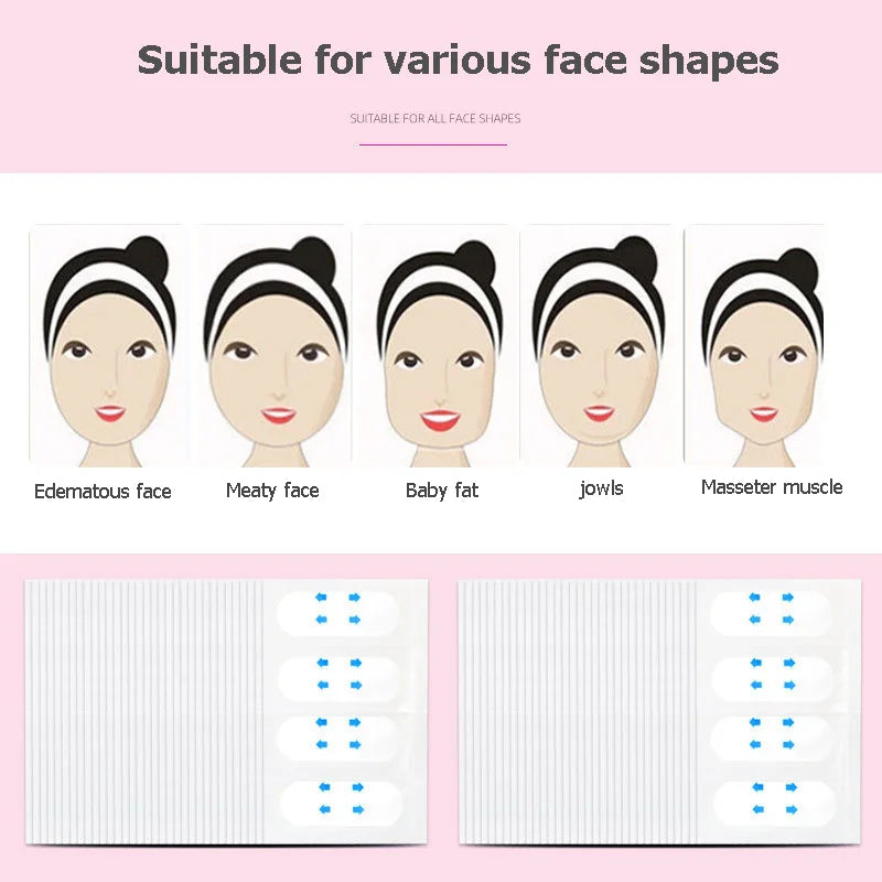 A set of invisible V-lift face stickers designed for instant skin tightening, shown next to various face shapes.