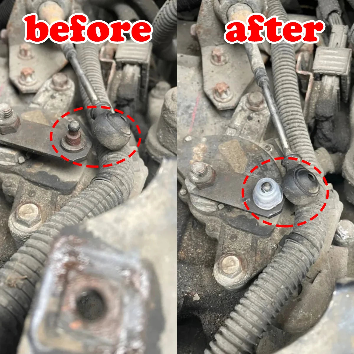Before and after comparison showing the replacement of a gear shift cable bushing on an Opel Astra/Vectra/Zafira.