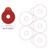 Red optical lens edging adhesive pads with protective film shown in various sizes.