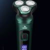 A close-up view of a green electric shaver with three floating heads and an LCD display showing 100% battery.
