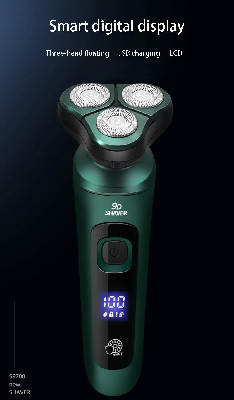 A close-up view of a green electric shaver with three floating heads and an LCD display showing 100% battery.