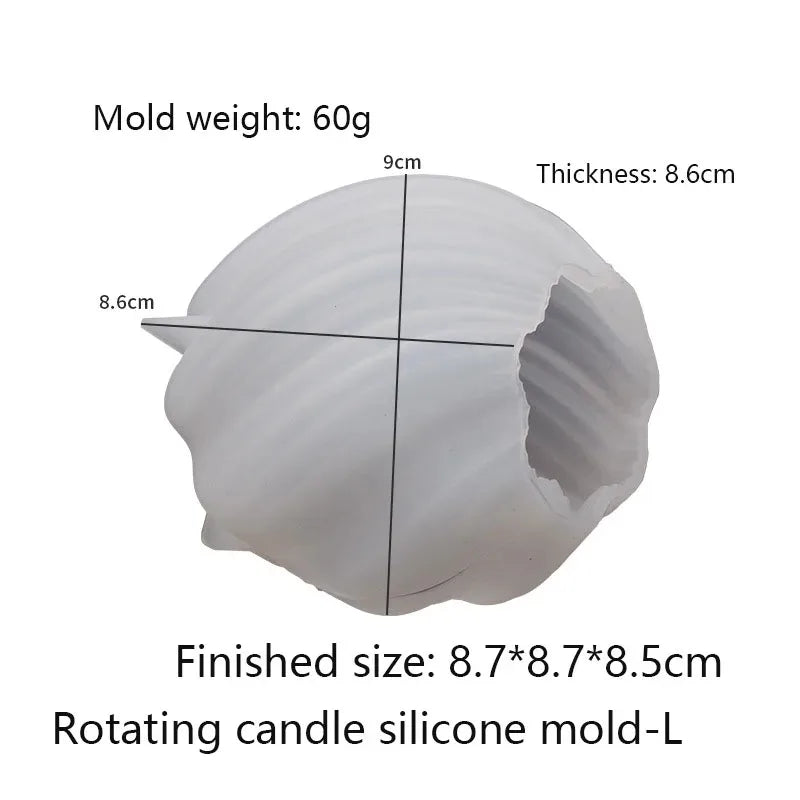 A white silicone mold for a rotating candle, showing dimensions of 60g weight and 8.6cm thickness.