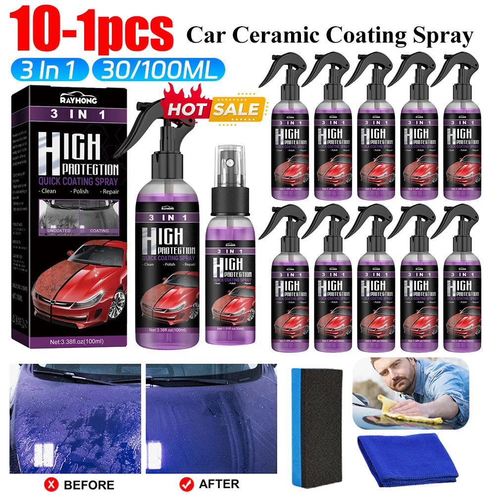 Spray bottle of 3-in-1 ceramic coating for car protection with before and after results shown