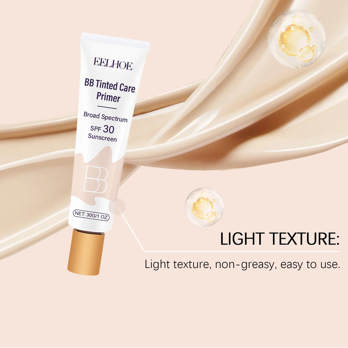 EELHOE BB Tinted Care Primer SPF 30 solkrem med prøve på beige bakgrunn.