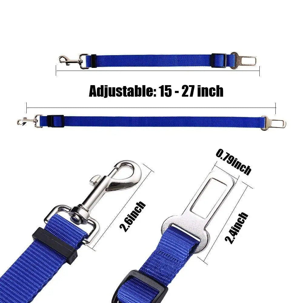 Arnés de seguridad ajustable azul para mascotas en auto con correa de cinturón, mostrado en varias longitudes y detalle de ce