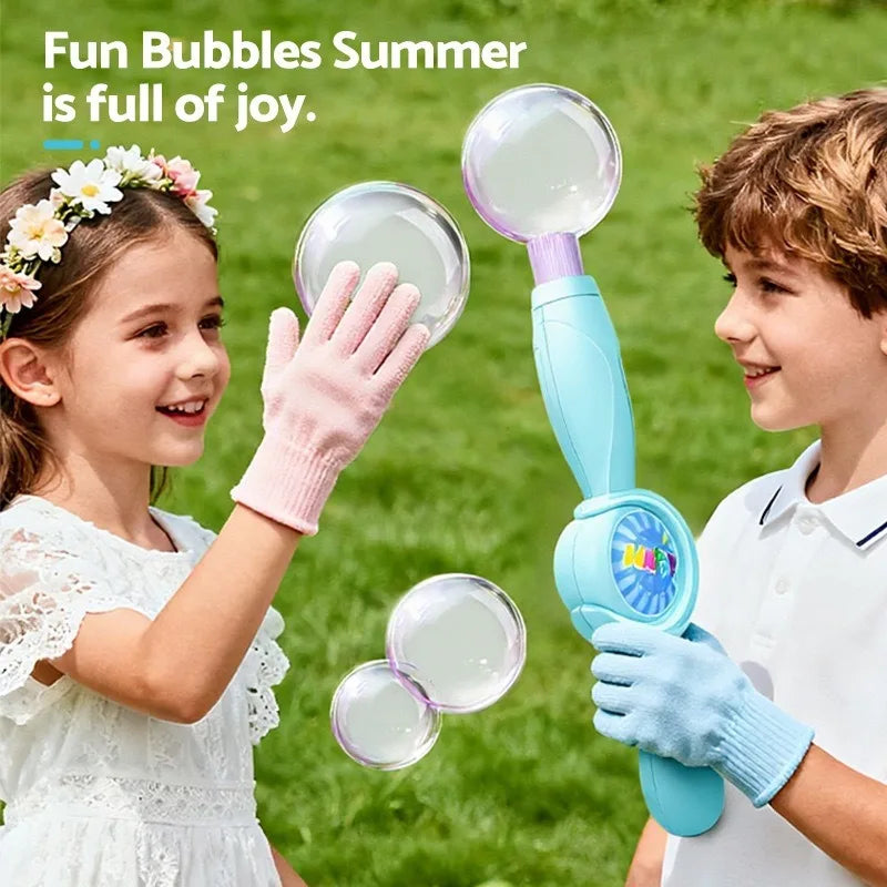 A girl and a boy are playing with a clear bubble wand outdoors in the summer.