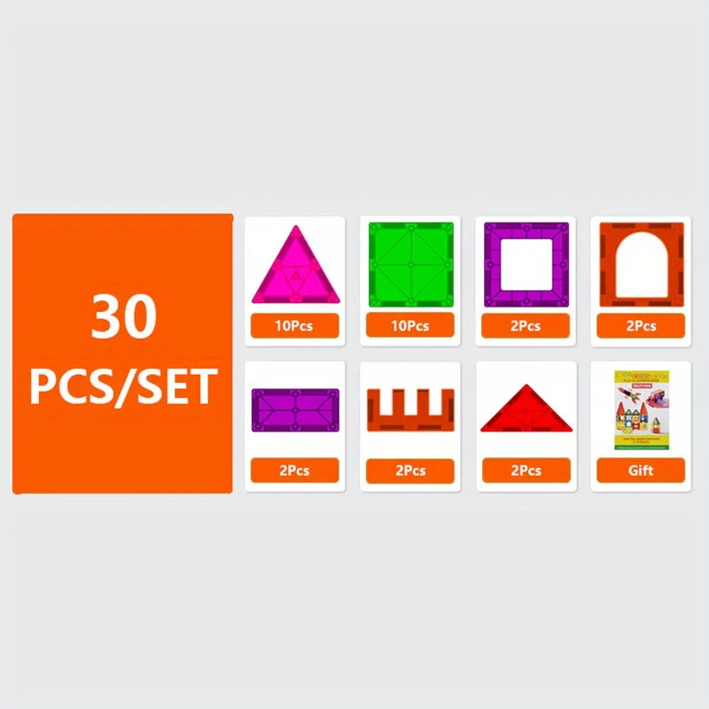 A set of magnetic building blocks tiles with various shapes and colors, including triangles, squares, and arches.