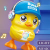 A yellow duck toy wearing a blue hat and headphones, designed for musical dance and light play.