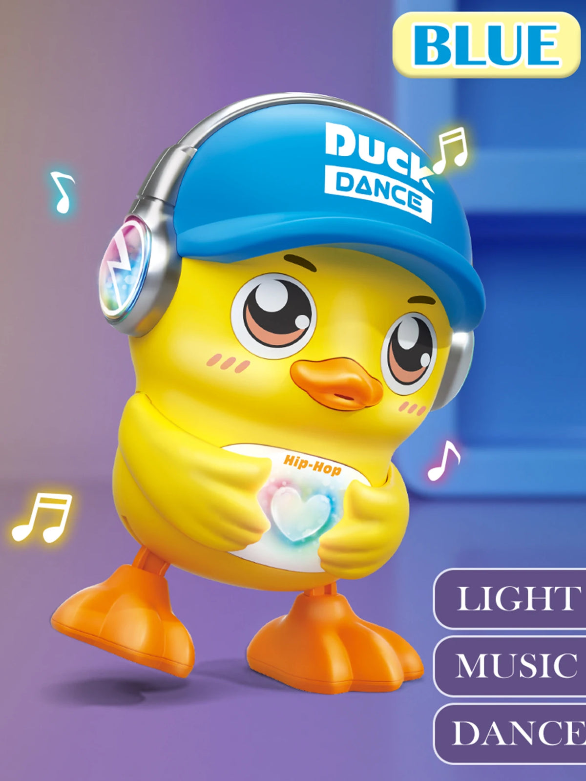 A yellow duck toy wearing a blue hat and headphones, designed for musical dance and light play.