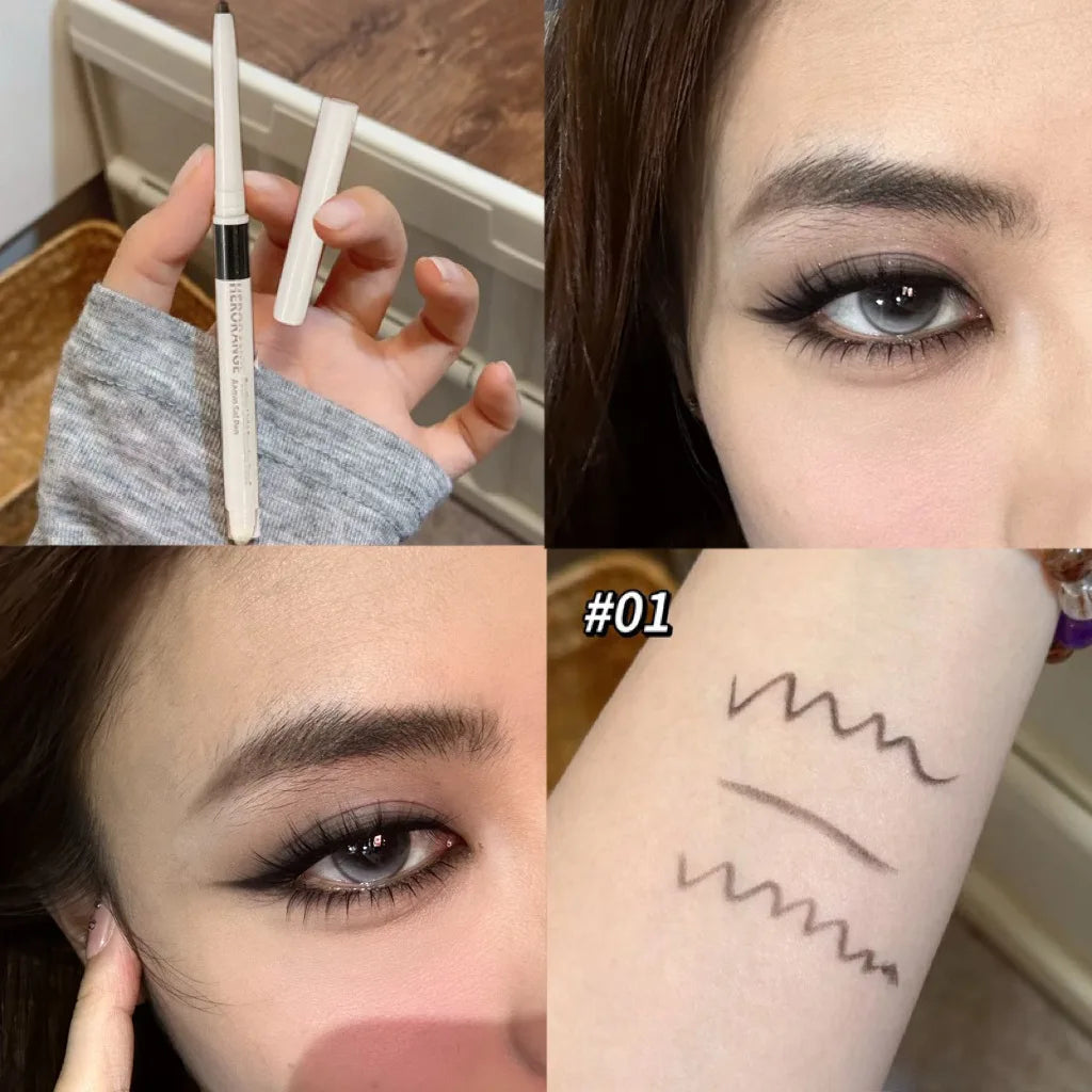Nærbilde av øyesminke med en dobbeltspiss eyelinerpenn og highlighter på øyelokk og øyenbryn.
