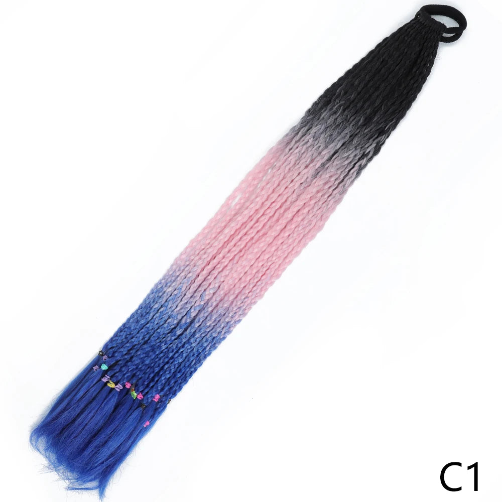 A long, pre-braided hair extension featuring a gradient color transition from black to pink and blue.