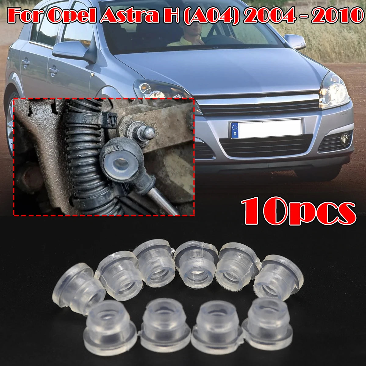 A set of ten clear plastic gear shift cable bushings for an Opel Astra vehicle.