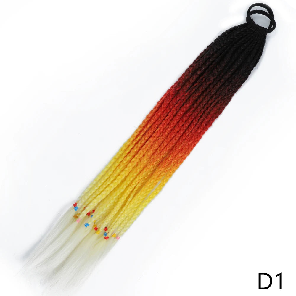 A long, pre-braided hair extension featuring a gradient color transition from orange to yellow with an elastic band.