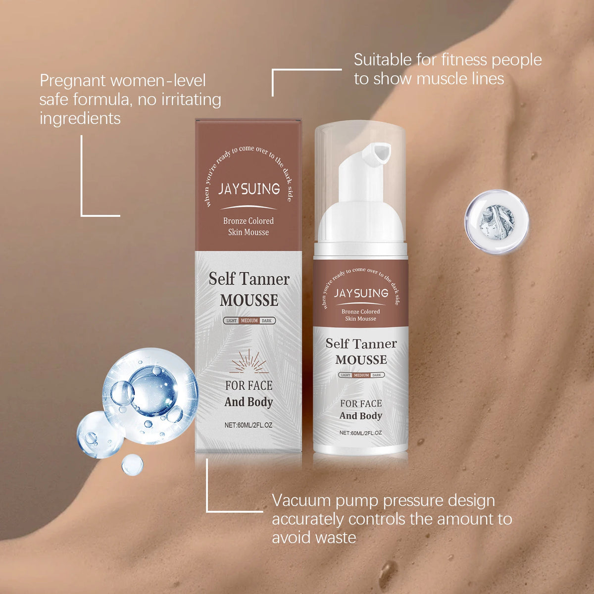 A bottle of JAYSING Self Tanner Mousse for face and body is shown next to a box, illustrating its use on skin.