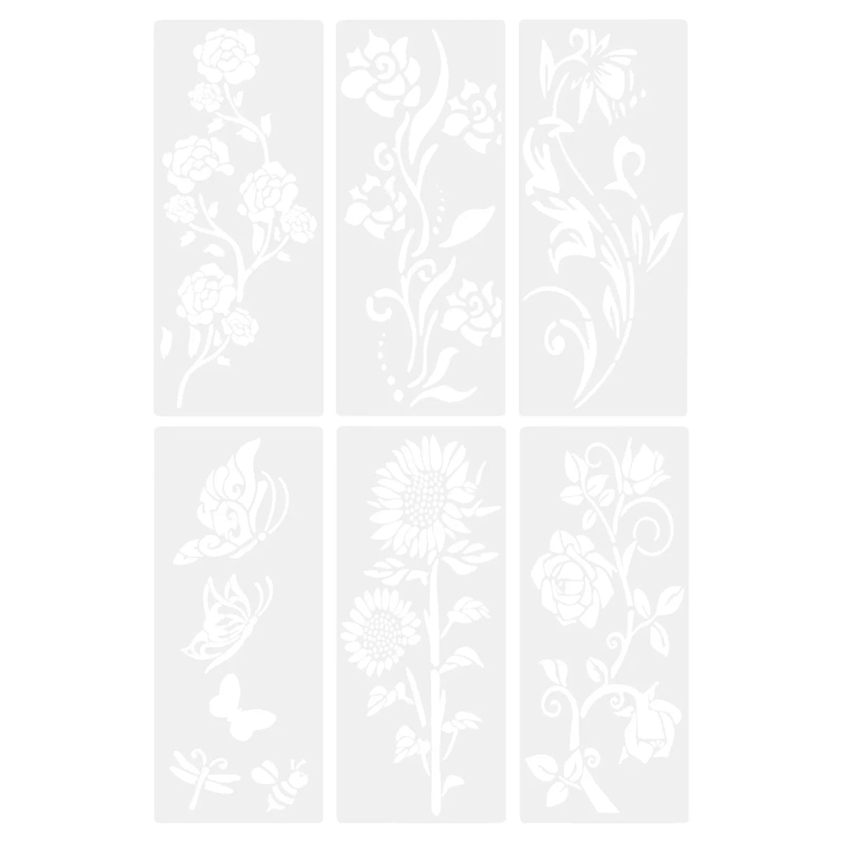 Sats med återanvändbara trädgårdsstenciler med blommor och fjärilar för DIY-målning, vita på ljus bakgrund.