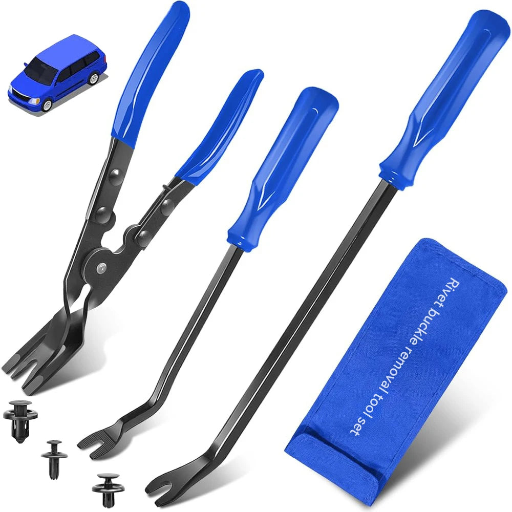 Juego de tres herramientas azules y negras para quitar molduras de coche, incluye alicates para clips y juego de herramientas