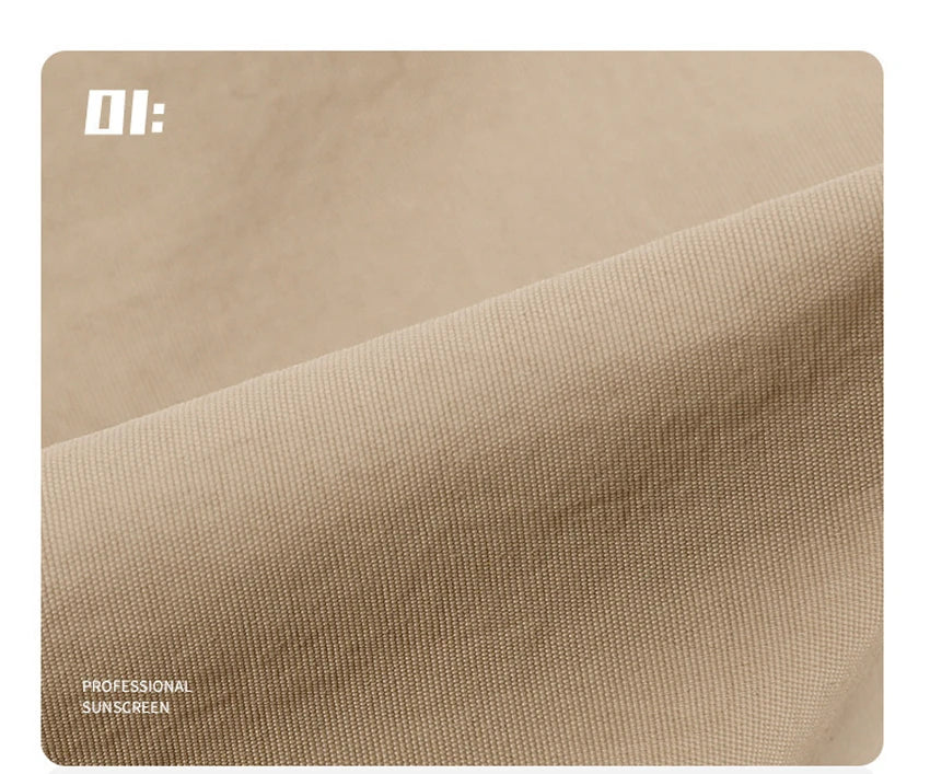 A close-up view of a tan professional sunscreen product labeled 01, showing a textured fabric surface.
