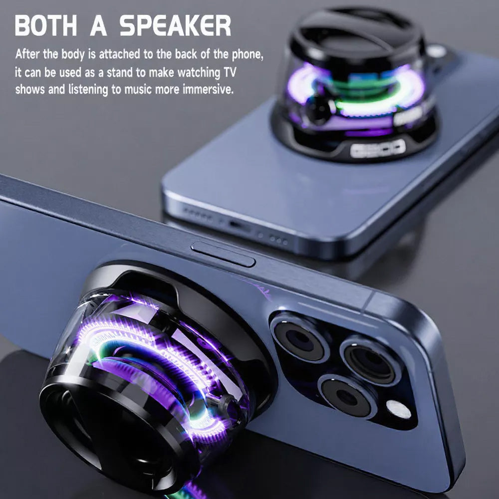 A close-up view of a magnetic transparent Bluetooth speaker with purple and green RGB lighting resting on a smartphone.
