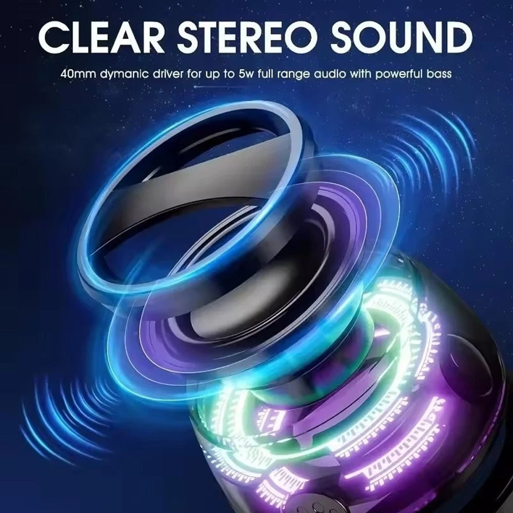 A close-up of a magnetic transparent Bluetooth speaker with RGB lighting and multiple drivers.