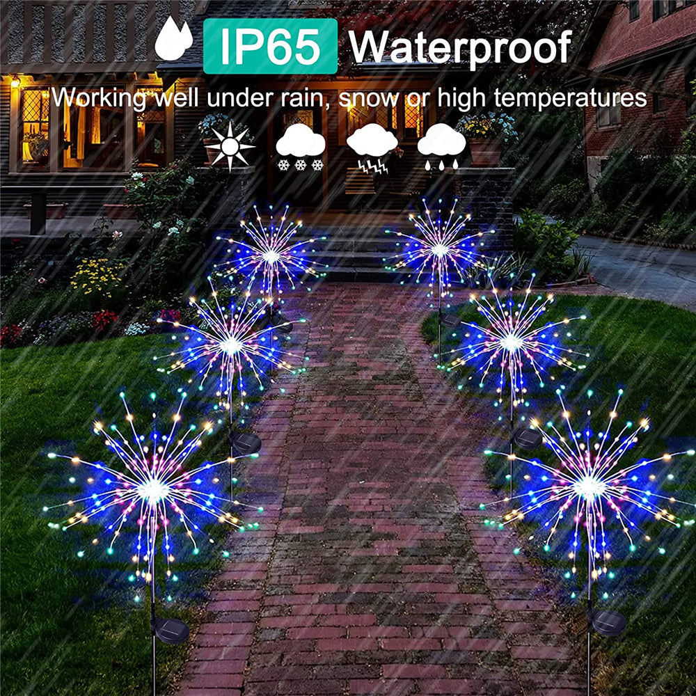 A row of colorful fireworks lawn lights illuminating a brick pathway in a garden setting.