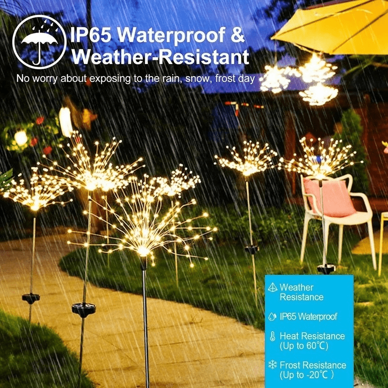 A display of bright golden fireworks lights illuminating a garden scene during a rain shower.