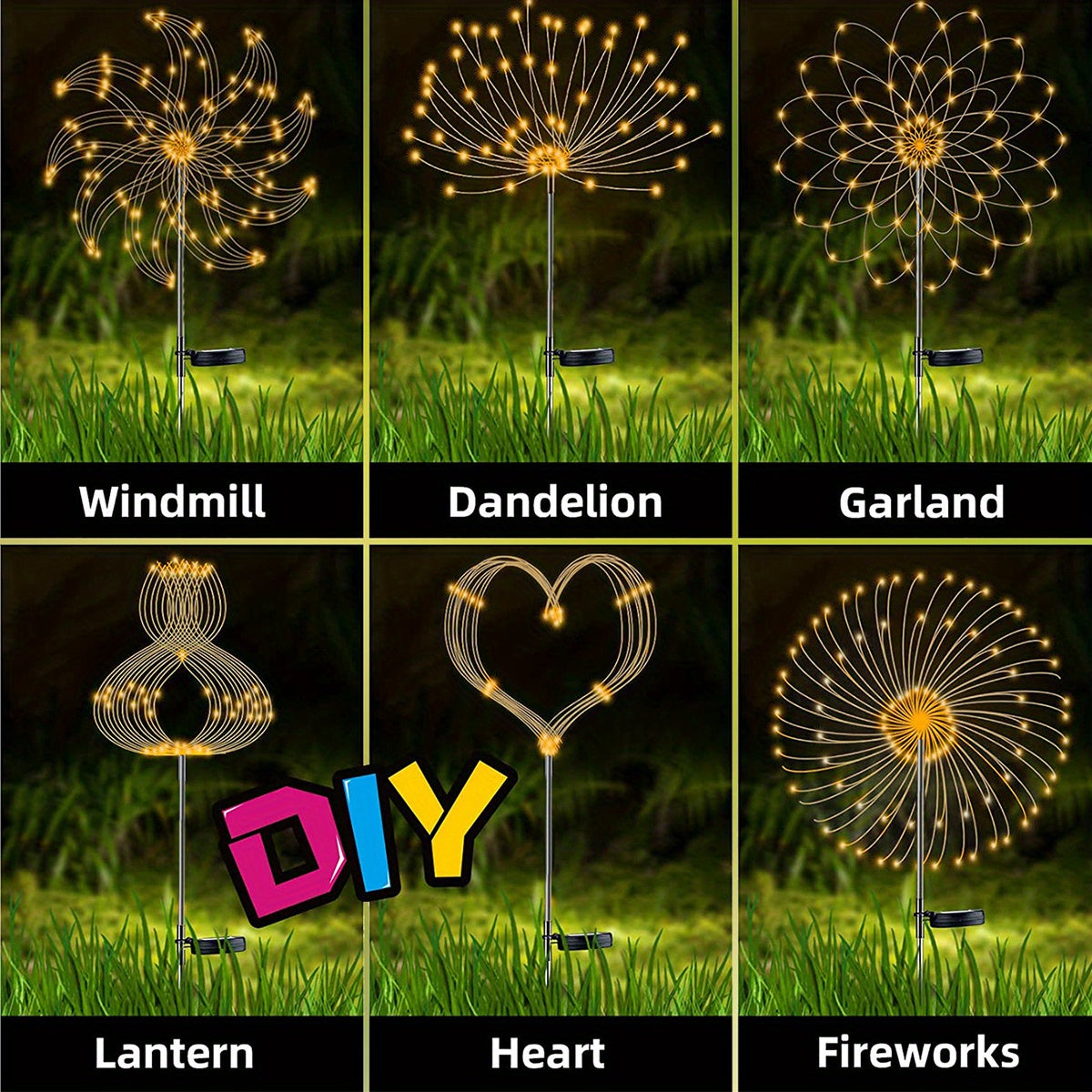 A collection of DIY solar lawn lights featuring windmills, dandelions, garlands, lanterns, hearts, and fireworks.