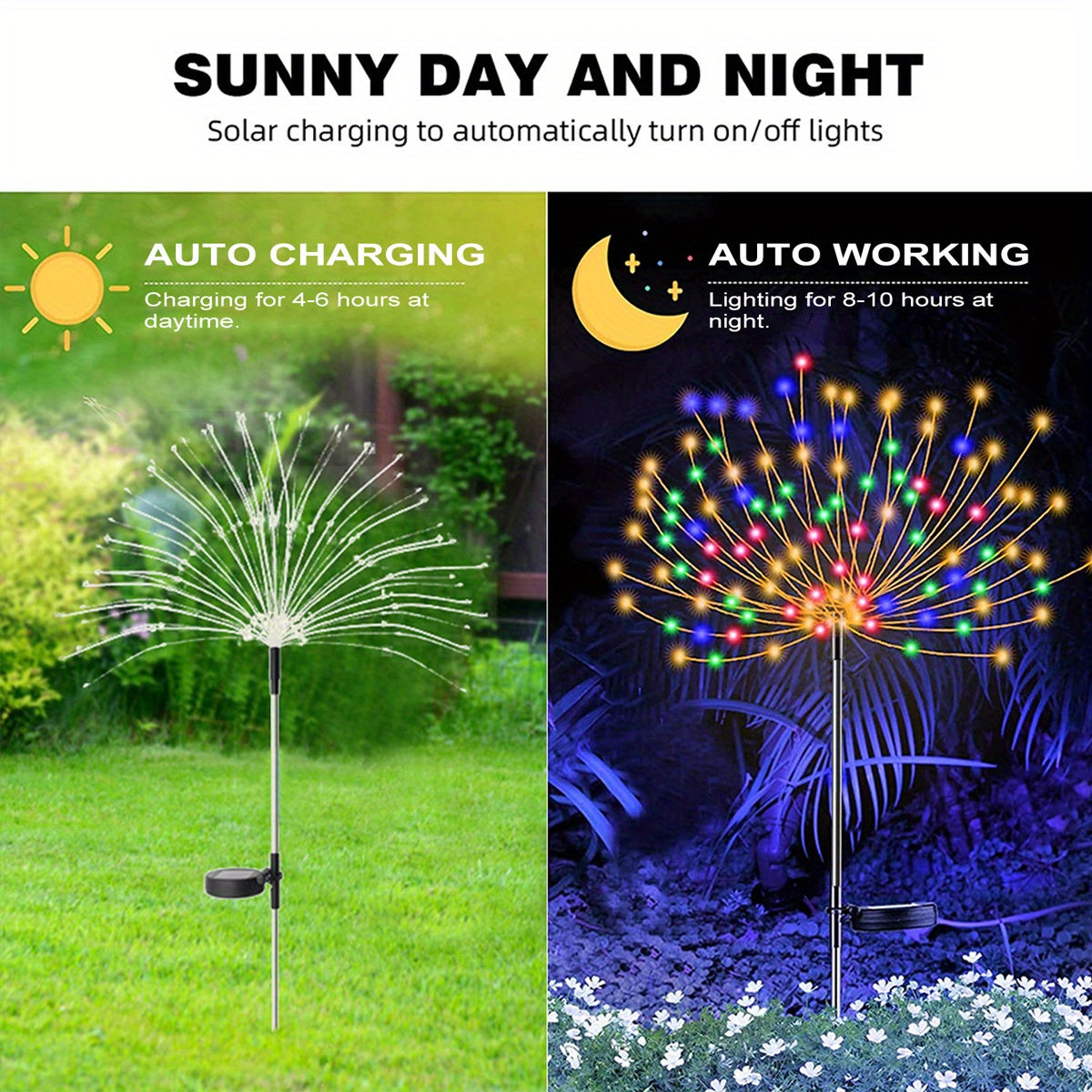 Solar lawn light with copper wire LEDs illuminating a firework display in the dark.