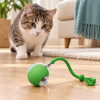 Juguete de gato con cola verde y pelota en el suelo, con un gato mirando.