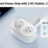A white ORICO travel power strip is shown next to a smartphone, demonstrating its 2 AC outlets and 3 USB ports.