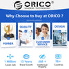 Marketing graphic showing reasons to buy at ORICO including Power, Quality, Customer Service, Design, and company achievement